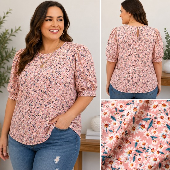 Emery Rose Tops - Emery Rose Pink Ditsy Floral Puff Sleeve Blouse 4X Boho Cottagecore Daisy Top